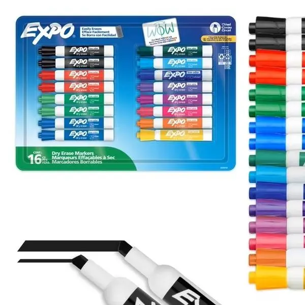 16-Count Low Odor Ink-Based Dry Erase Markers, Fine Tip High Visibility Colorful Pack Expo Set - Essential Whiteboard Supplies for Office, Classroom