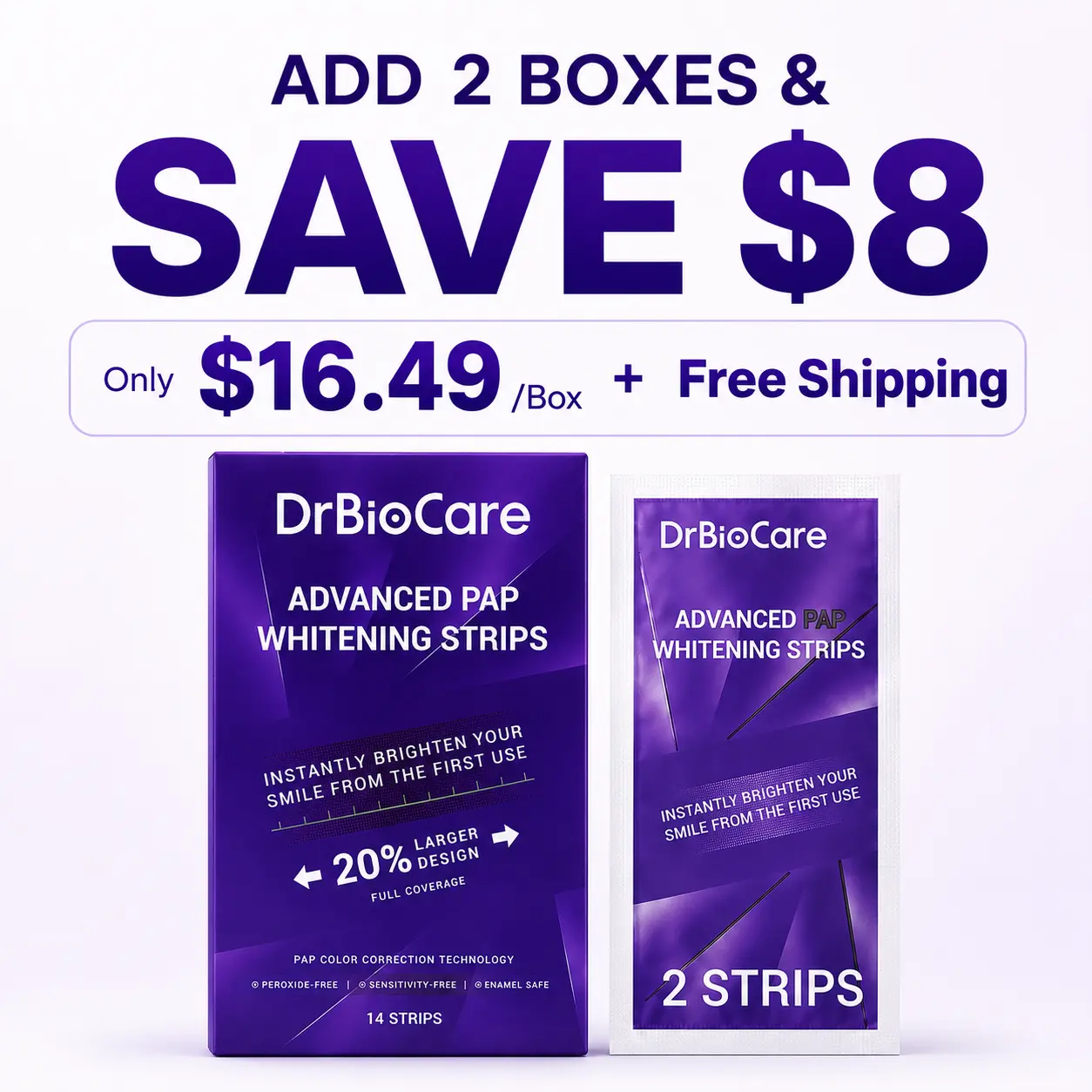 DrBioCare Teeth Whitening Strips , 20% Larger,Enamel Safe for Sensitive Tooth, Purple Whitening Strips, Peroxide-Free Quick Teeth Whitener, Removes Yellow Stains & Bad Breath, Color Correcting for a Brighter Smile Peppermint