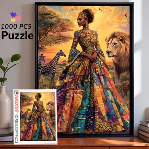 African Queen Majesty 1000 Pieces Jigsaw Puzzle Elegant Black Woman in Colorful Dress with Lion and Giraffe for Adults Brain Challenge Family Fun Relaxing Gift Wall Art 27.5x20inch 70x50cm Eco-Conscious Recycled Cardboard