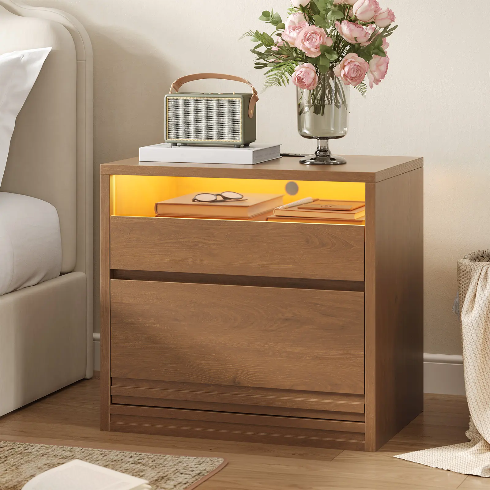 [SummerSale] Sikaic LED Glass Nightstand with 2 Drawers & Charging Station, 22.83-Inch Modern Large Bedside Table with Glass LED Drawer for Bedroom, Living Room, Home Office, Walnut, Home Furniture, Dorm Essentials