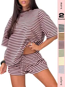 Women's Fashion Casual Striped Adjustable Drawstring Loose-Fit Short Sleeve Shorts Set, Comfortable All-Season, Trendy Summer Wear