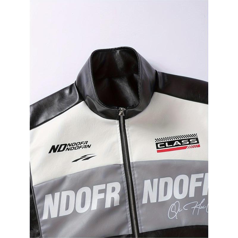 Men's PU Leather Racing Style Zip-up Jacket - Green and Black Color-block, Stand Collar and "HOOD FRENDS" Pattern Print, Casual Streetwear, Casual Clothing, Daily Jacket | Modern Casual Jacket | Smooth Leather Jacket