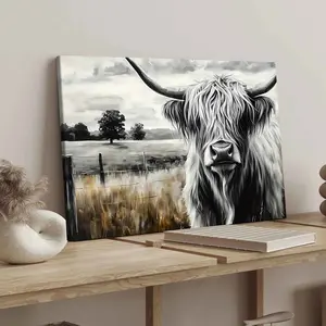Wooden Frame Canvas Poster, Highland Cow Art Print, Modern Home Decor Wall Hanging, Ideal Gift for Bedroom Office Decoration