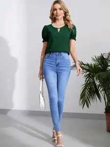 Short Sleeve Shirt with Lockhole Neckline, Bubble Sleeves Design, Perfect for Casual Wear, Stylish Women's Clothing