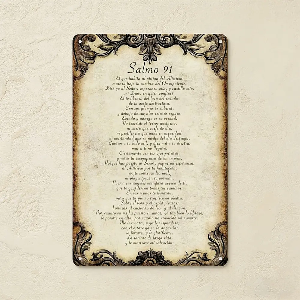 8x12in Vintage Rustic Salmo 91 Psalm Aluminum Wall Sign - Religious Decorations, House Decor with Scrollwork Border for Classic Charm, Faith-Filled Home Touch, Christian Indoor Outdoor Gift Idea, Room Decor