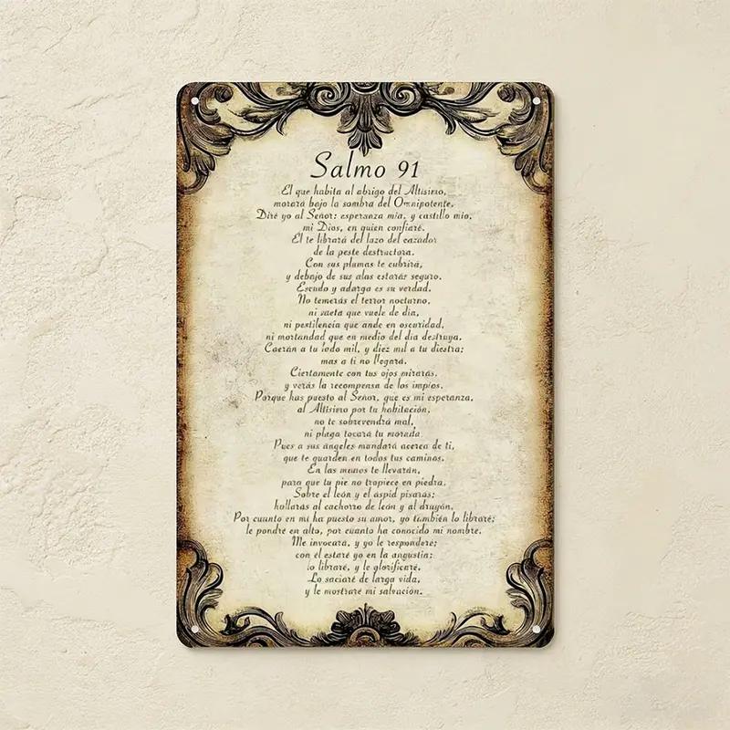 6x12in Durable Country Vintage Salmo 91 Psalm Outdoor-Ready Metal Wall Sign, Scrollwork Border, Home Spiritual Decor, Religious Decorations, Church Gift, Classic Charm Aesthetic Plaque