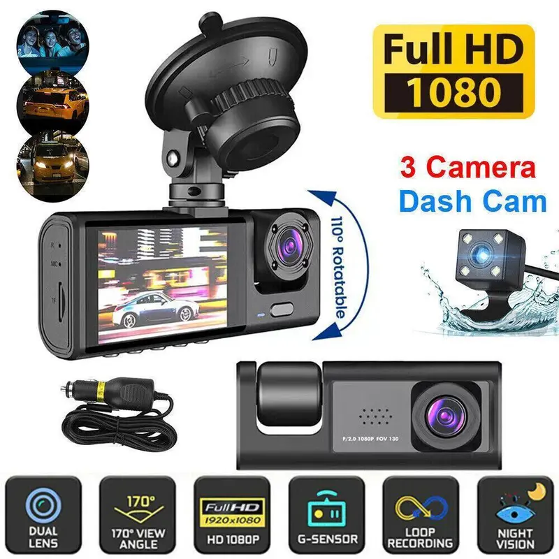 TechVibes Car Dashcam Full Set - Dashboard Cam, Automotive Driving Recorder, Plastic ABS 3-Channel Dual Lens, 1080P Full HD Front, 720P Rear/Inside Recording, 170° Wide Angle, G-Sensor, Night-Clear Vision, 1 Rear Camera, 1 Suction Cup Holder