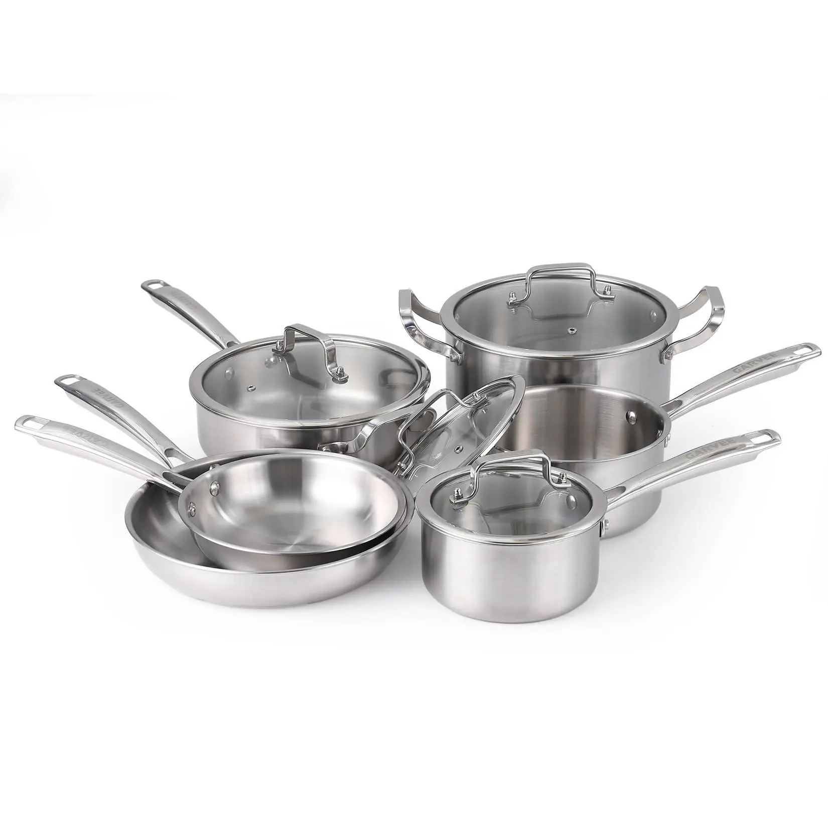 10-Piece Tri-Ply Stainless Steel Cookware Set with Lids, PFOA-Free Induction Pots, Pans, Saucepans and Stock Pot