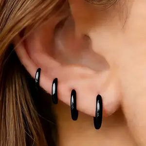 4 Pairs Black Hoop Earrings Set - Unisex Edgy Sleeper Huggies for Men & Women, 8mm-14mm Graduated Cartilage Piercings
