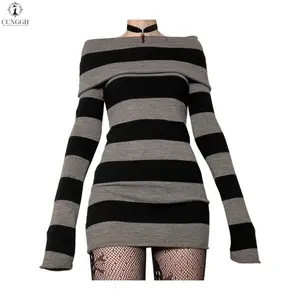 Women Gothic Dress Punk Off Shoulder Striped Knit Dress Y2k Fairy Grunge Dress  Dark Academia Clothes