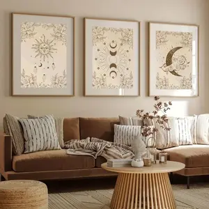 3 Pieces Optional Wooden Frame Minimalist Celestial Poster Art Moon Phase Moon Sun Print Retro Canvas Picture Painting Decor Living Room Retro Poster wall art decor Style, Vintage Design