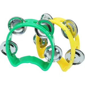 2 count Plastic Percussion Tambourines, Handheld Tambourines with 4 Jingle Bells  Musical Instruments Mini Hand Bell Percussion for , Adults, School and Party (Green/Yellow)