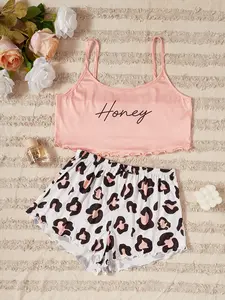 Women's 2-Piece Pajama Set, Honey Cami Top & Leopard Shorts, Loose-Fit Casual Sleepwear, Soft Comfortable Lounge