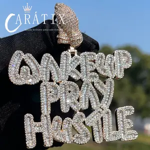 CARÁTIX -Two Tone Wake Up Pray Hustle Pendant Iced Out Necklace for Men Prong Setting Bling Real Copper Hip Hop Jewelry Valentine's Day Gift for Men & Girls & Boys Mothers' Day Gift #Springtok