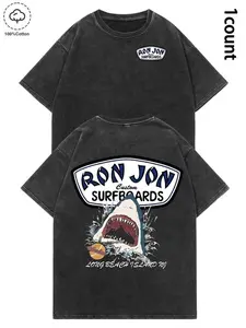 Unisex Ron Jon Surfboards Shark Graphic Washed Tee | 100% Premium Cotton | Oversized Relaxed Fit | Retro Beach Surf Aesthetic | Y2K Casual Streetwear | Trendy Summer Vacation Top | Man Fashion