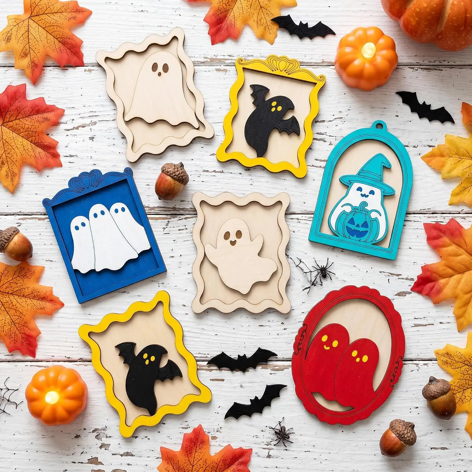 Halloween Ghost DIY Painting Kit with Paint Brushes Layered Wooden Ghost Frame DIY Kit | Cute Halloween Kids Painting Crafts Farmhouse Wall Decor
