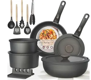 Astercook 21 Pcs Pots and Pans Set Non Stick, Ceramic Cookware Set Detachable Handle, RV Kitchen Cooking Set Removable Handles, Oven Safe, Induction Ready, Stackable, Black, Mothers Day Gifts