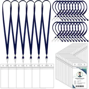 50 Set Lanyards with ID Holder Clear ID Badges Bulk for Cruise Ship Cards, Essentials for Carnival  Plastic Card Holders for Adults  Business School Office Supplies (Dark Blue)
