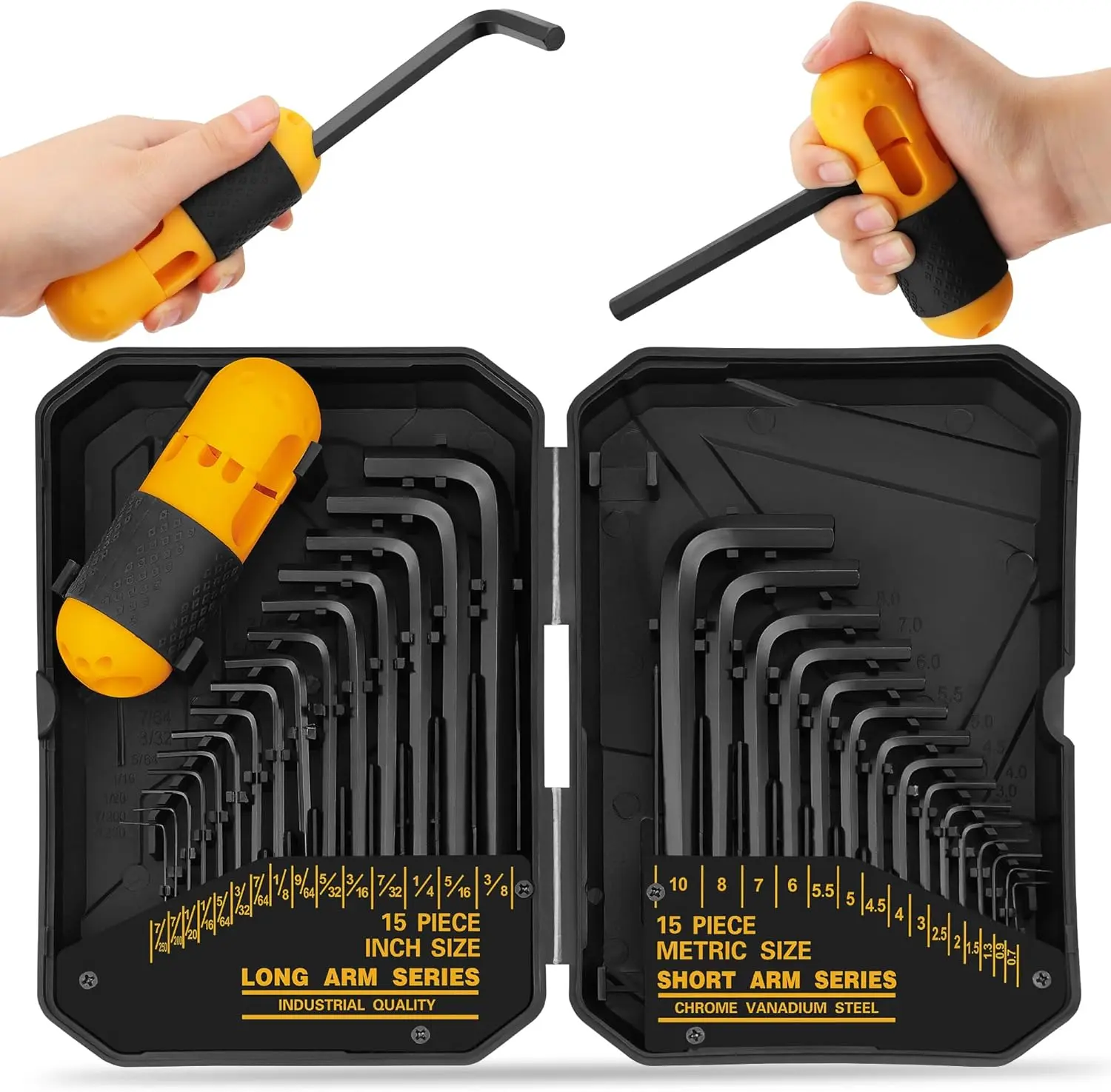 31-Piece Hex Key Set - Allen Wrench Set, SAE and Metric Allen Keys MM(0.7mm-10mm) SAE(0.028"-3/8) Heat-Treated, Torque Handle, High Leverage, Long & Short Keys, Easy Organization
