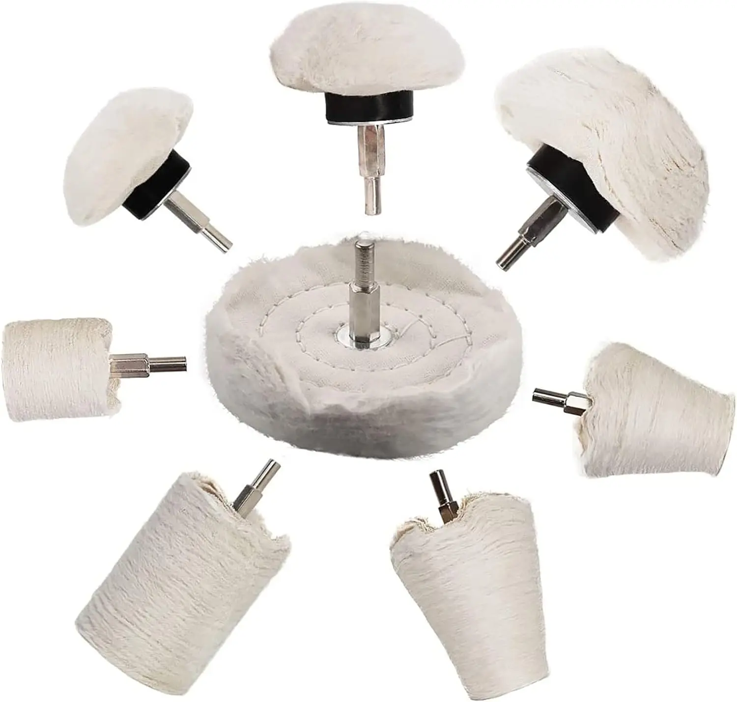 Buffing Wheel for Drill - 8 Pcs Polishing Pad Buffing Wheel Kit White，Wheel Shaped Polishing Tool with 1/4 Handle for Metal 、 Plastic、Ceramic、Glass、Woods、Machine Jewelry etc