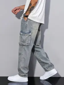 Live unbridled Durable Heavy-Duty Men's Cargo Jeans Loose Fit Straight-Leg Non-Stretch Denim Pants with Multiple Utility Pockets, All-Season Work Pants for Everyday, Washed Blue Jeans