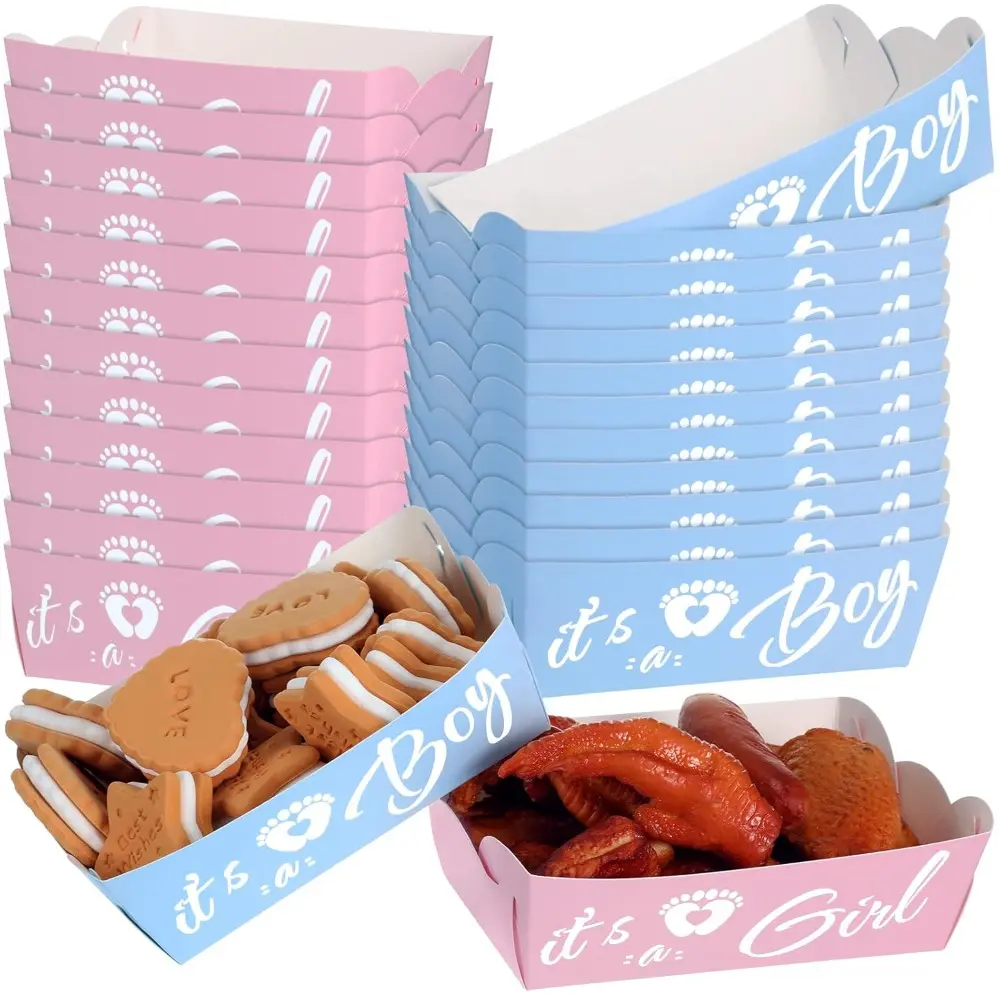 Thick Disposable Paper Food Boats, 48-Piece Gender Reveal Baby Shower Tableware Set for Cafe & Car Restaurant, It's a Boy/It's a Girl Birthday Party Outdoors Serving Trays for Crawfish, BBQ, Cardboard, Children's Day, Disposable Tableware Set, Leak-Proof