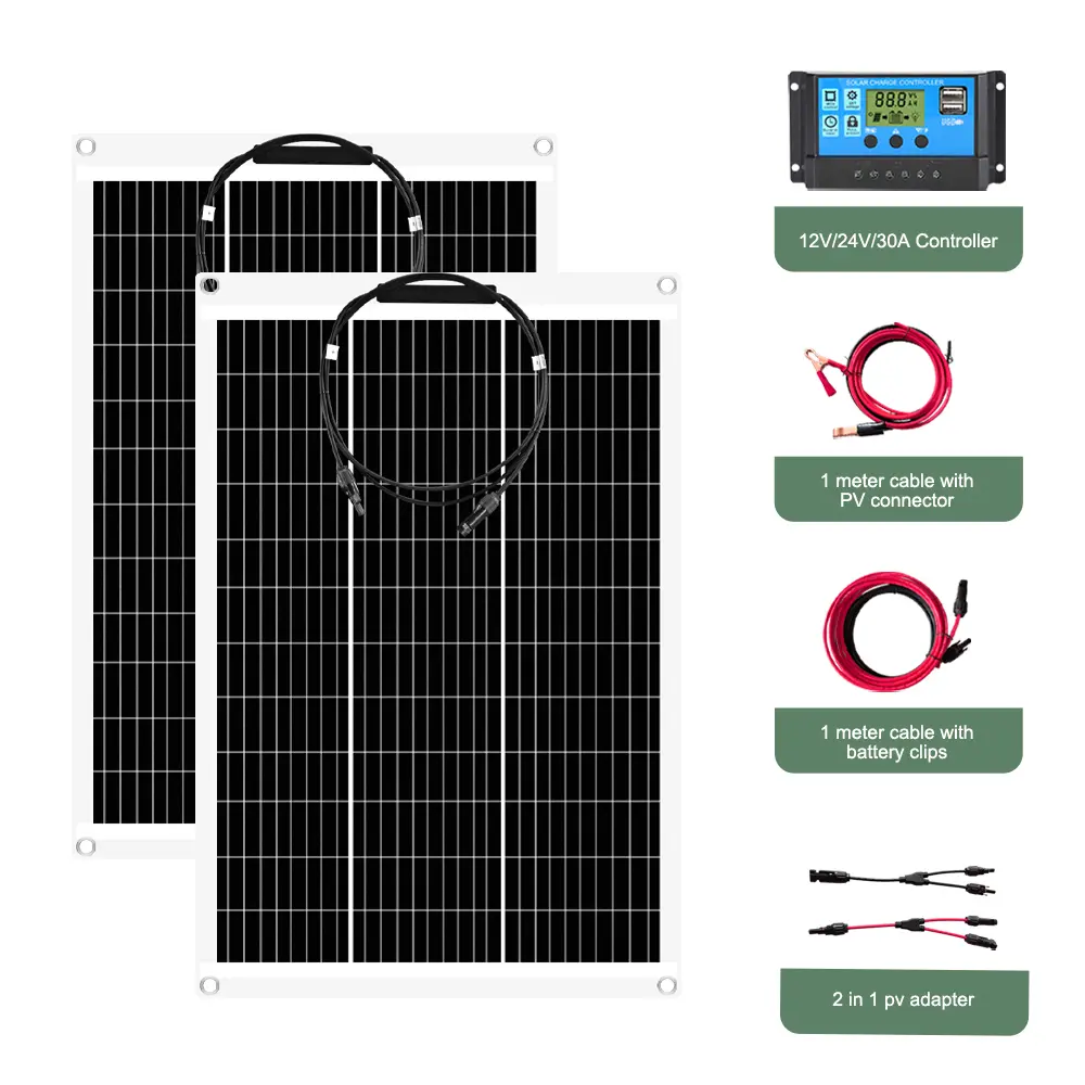 200W High Efficiency Flexible Solar Panel Kit - 18V System with 30A Charge Controller, Alligator Clip Cables, PV Connector Cables for RV, Boat, 18V Battery Charging (Portable Solar Panels for Outdoor Sunlight Home Improvement Accessory)
