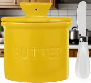 French Butter Crock 16oz Ceramic Triple-Glazed Dish with Lid & Spreader - Food-Safe Countertop Storage Keeps Butter Soft for Baking Bottles