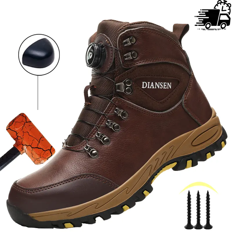 Waterproof Safety Boots Men Indestructible Steel Toe Work Boots Anti-smash Stab-resistant Safety Shoes Men New Fashion Rotary Buckle Protective Boots Construction Work Shoes Anti-slip Roofing Shoes Fathersdaygift Brown Footwear Worker