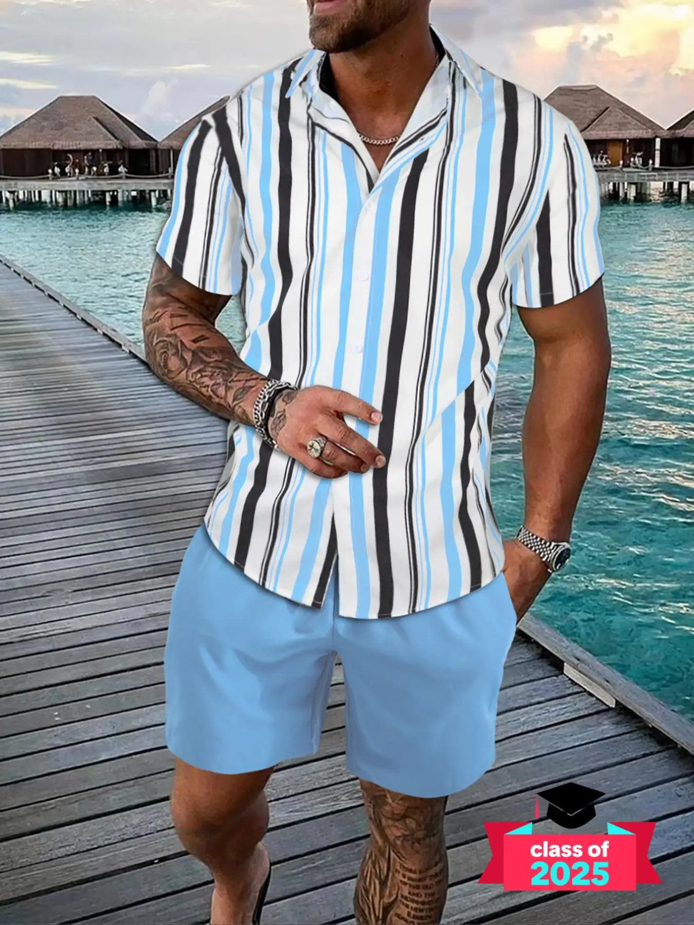 Two-Piece Set Men's Summer Clothes Striped Button Down Shirt & Drawstring Pocket Shorts Set without Tee & Necklace, Men's 2 Piece Set, Short Sleeve Sh