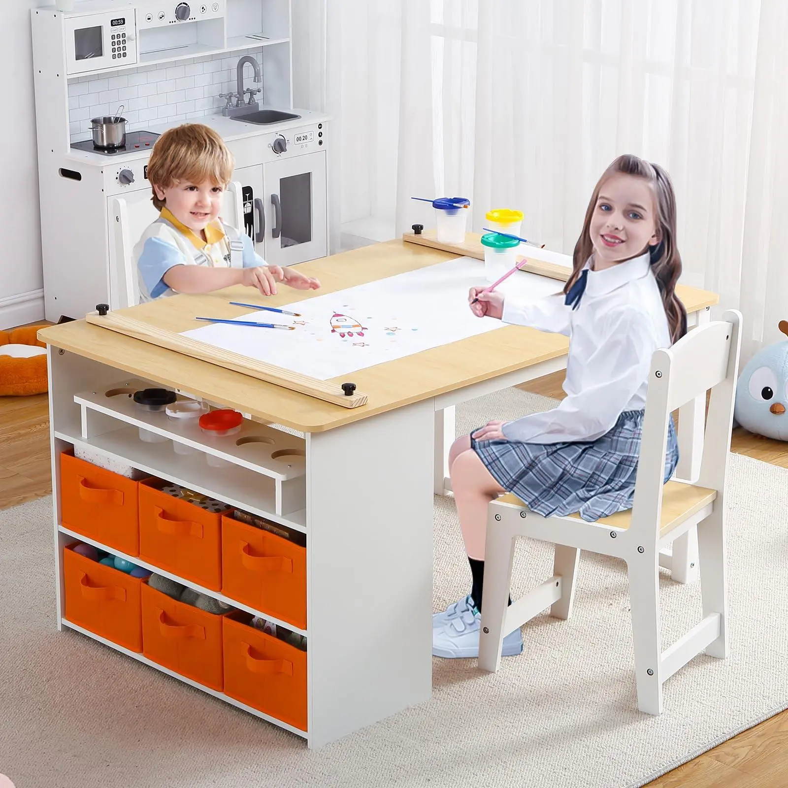 4 In 1 Kids Art Table and Chair Set with Toddler Craft Large Storage Desk, Portable Art Supply Organizer Drawing Desk Activity Study Table for Children, Wooden