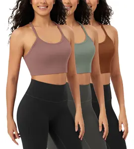 ODODOS 3-Pack Seamless Racerback Sports Bra for Women Ribbed Camisoles Wireless Yoga Bra Crop Tank Tops