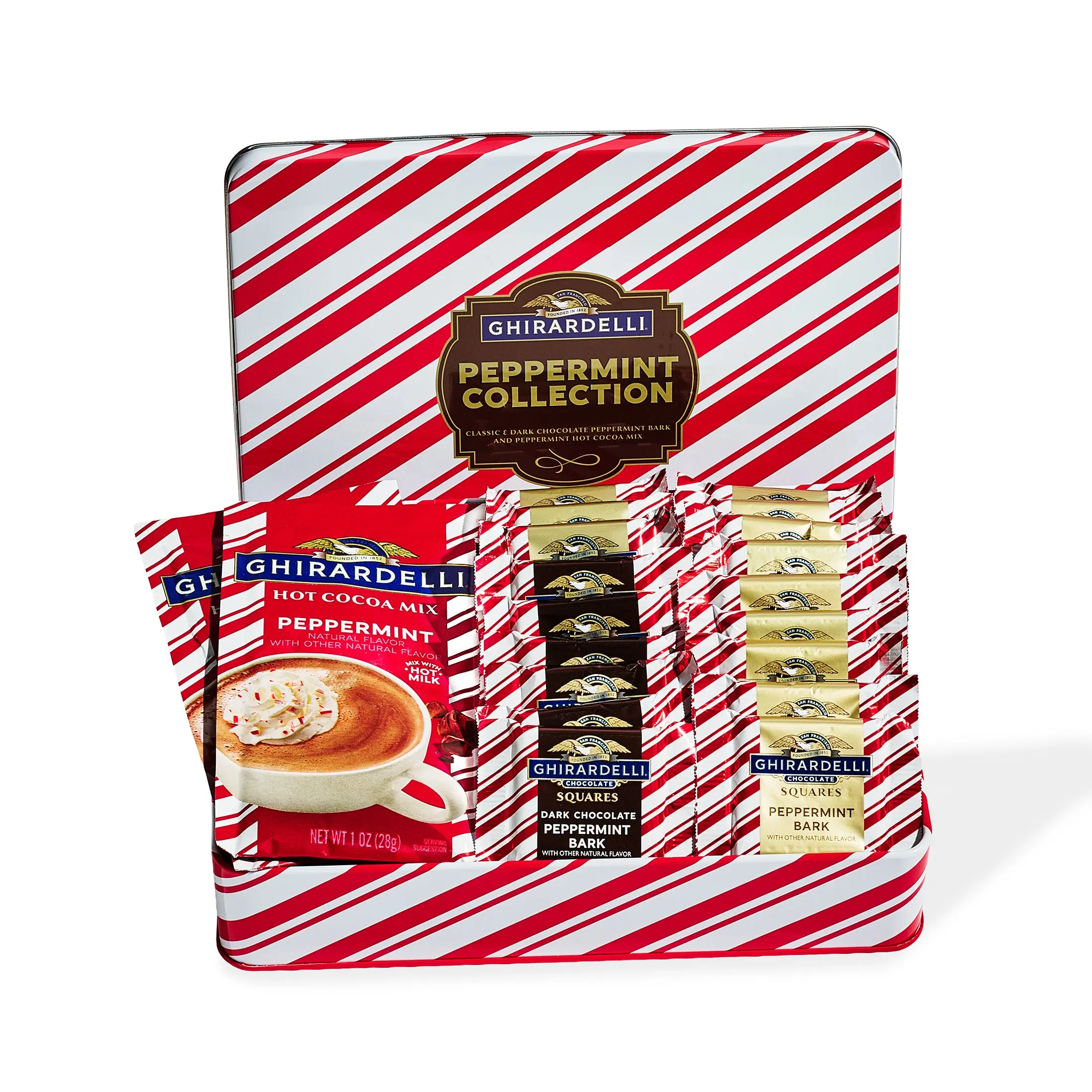 Ghirardelli Peppermint Bark Chocolate Tin Gift Basket with Squares & Cocoa | Peppermint Bark Chocolate, Peppermint Hot Cocoa Mix, Christmas Chocolate Gift, Secret Santa & Holiday Gift Giving