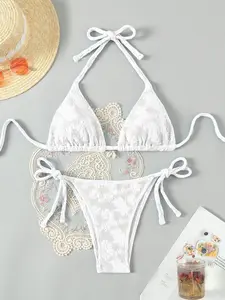 Elegant White Lace Textured Bikini Set - Smocked Floral 2-Piece Bathing Suit - Coquette Aesthetic Triangle Swimsuit - Minimalist Summer Beachwear