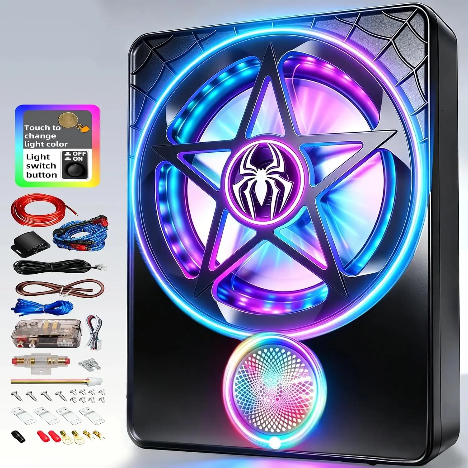 10" Slim 3000W Underseat Subwoofer Stereo Speaker with Amplifier, Automotive Audio Speakers, 3-Way Full Range Sound, RGB Beat Sync LED, Bass Boost, Low Pass Filter, Plug & Play for Cars, Trucks, Car Audio Component