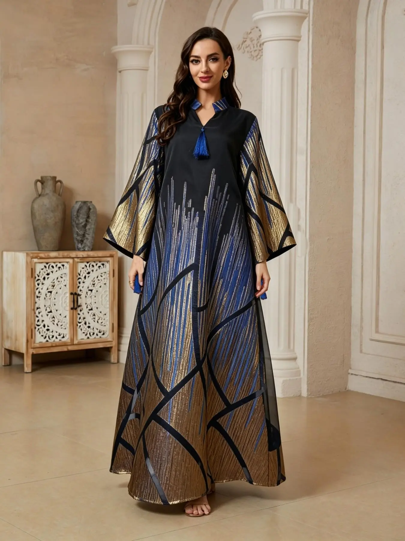 Women's Traditional Floral Art Dress Jaiabia, Long Sleeve Loose-Fitting Abaya, Boho Style Evening Gown, All Seasons Fashion, Bohemian Dress