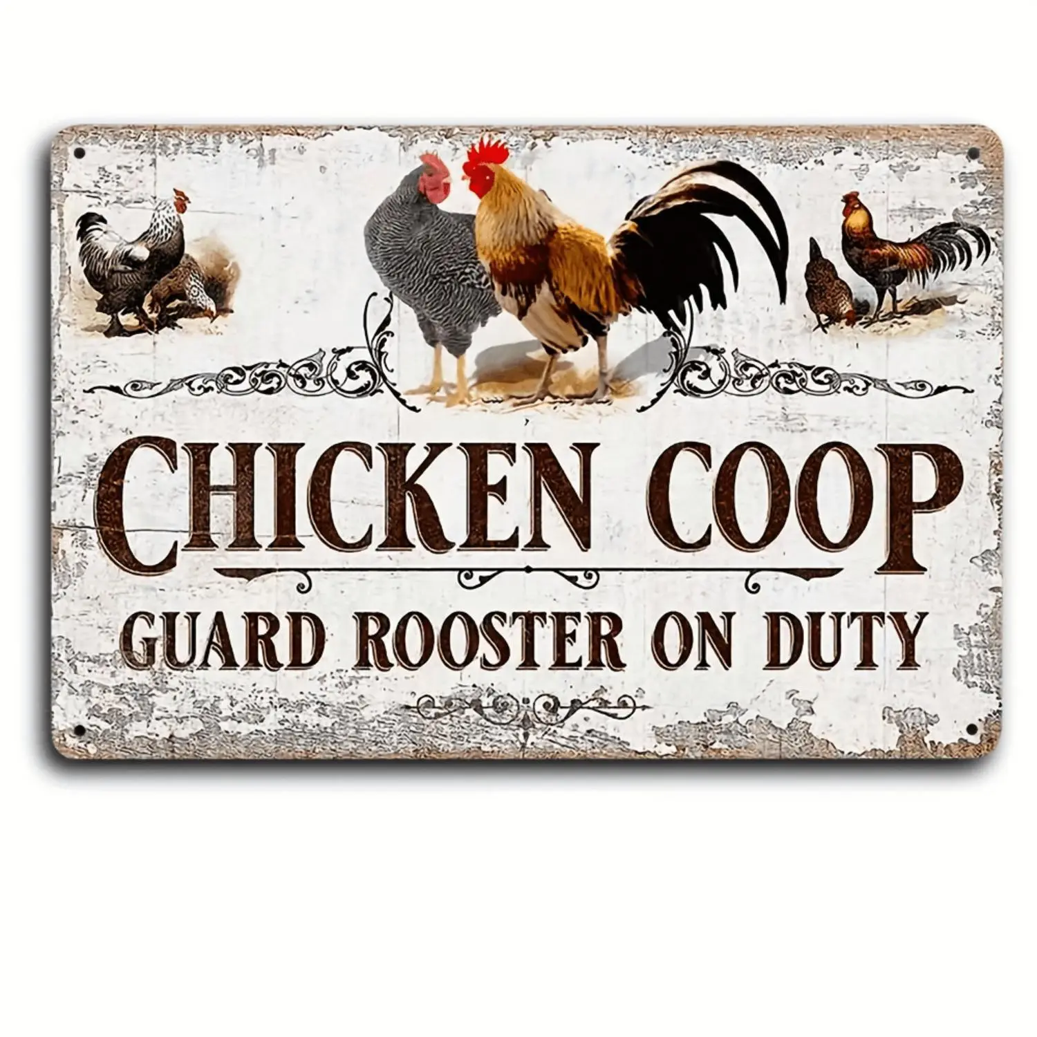 2D Flat, 1pc Rustic Metal Chicken Coop Sign - 12"x8" Farmhouse Wall Decor with Guard Rooster & Hen House Design, Vintage Barn Door Plaque for Garden, Entryway, or Poultry Shed - Durable Metal Rooster Warning Sign for Chicken Lovers, 2D Flat