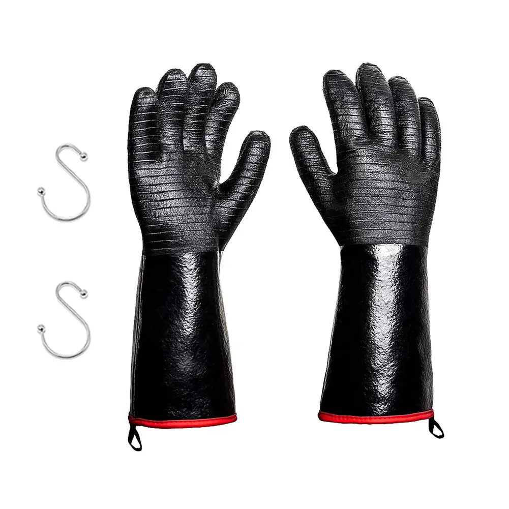 BBQ Gloves - 1472°F Thicken Heat Resistant Gloves w/S-Hook 14 in Kitchen Oven Mitts Waterproof Grill Gloves Oil Resistant Grilling Gloves Cooking Gloves for Turkey Fryer/Baking/Oven/Smoker
