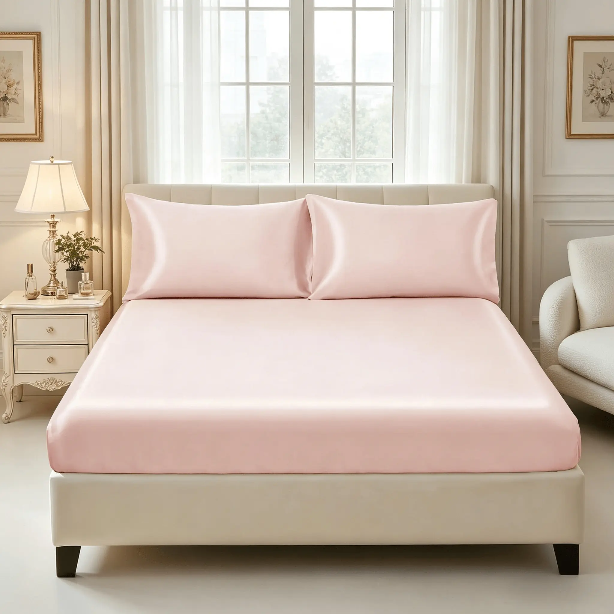 3-Piece Bedding Set, Bed Linens, Includes 1 Fitted Sheet and 2 Pillowcases No Core, Silky Cool Satin Fitted Sheet, Solid-Color Bedding, Skin-Friendly Mattress Cover, Lightweight And Smooth