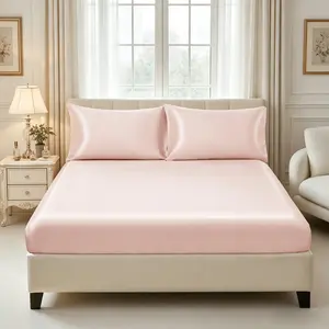 3-Piece Bedding Set, Includes 1* Fitted Sheet and 2* Pillowcases No Core, Silky Cool Satin Fitted Sheet, Solid-Color Bedding, Skin-Friendly Mattress Cover, Lightweight And Smooth Bedroom Decoration.
