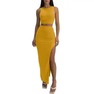 2 Piece Maxi Skirt Sets For Women - Knit Bodycon Crop Tank Top And High Slit Dress Set  Summer Outfits