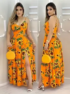 Elegant Women's Floral Print Dress with Thin Straps, Back Zipper Waist Cinching, Pleated Skirt Hem, Front Slit, Long Maxi Dress