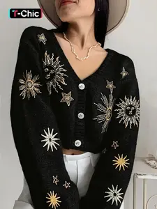 Women's V Neck Single Button Sun Star Embroidery Knit Sweater, Loose-Fitting Long Sleeve Casual Style Knitwear Cardigan for Fall & Winter
