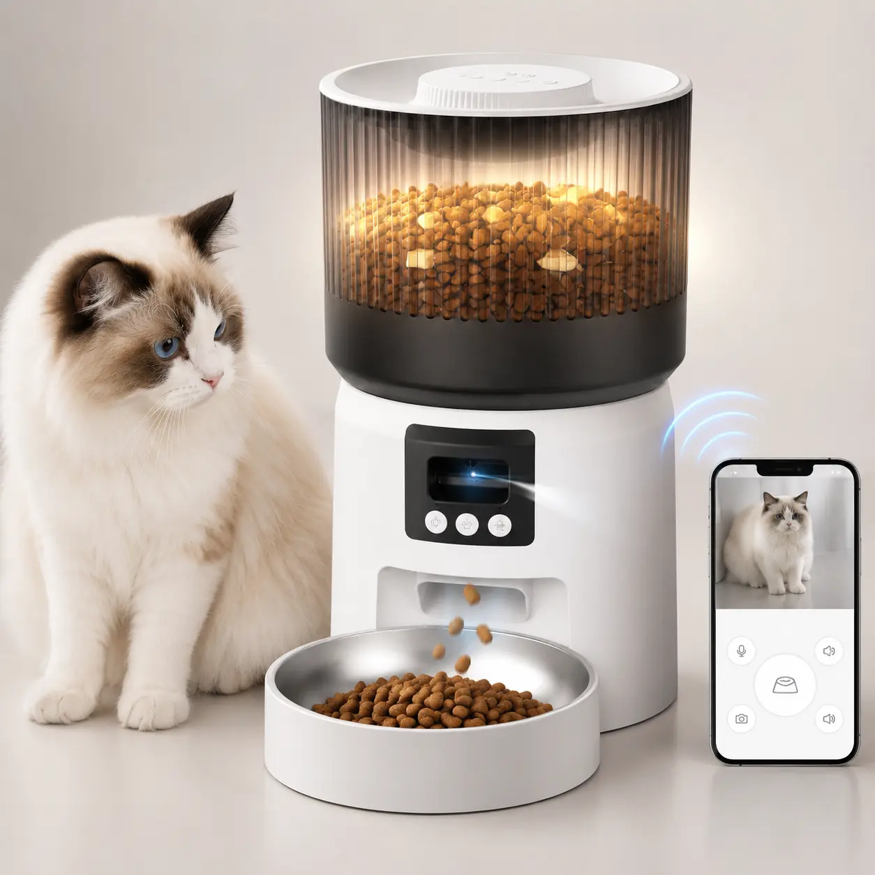 4L Smart Pet Automatic Feeder with Camera, App Control, 2-Way Audio, Timed Dry Food Dispenser for Cats & Small Dogs