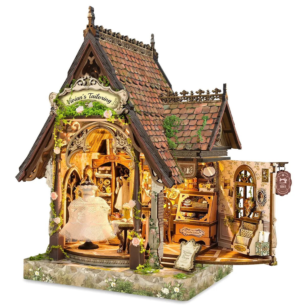 Advanced Romantic Miniature Dream Dress Studio Book Nook DIY Pre-Cut Wood Puzzle Kit - 400-Piece Precision Cutting Craft Kit, Bookshelves, LED Lights, Openable Side Door, 14-16H Build Time, Vintage Aesthetic Sentimental Wedding Gift for Adults