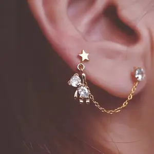1/2 Pair of Cute Bear Earrings with Chain Double Ear Piercing Cartilage Earrings Tragus Spiral Fashion Jewelry