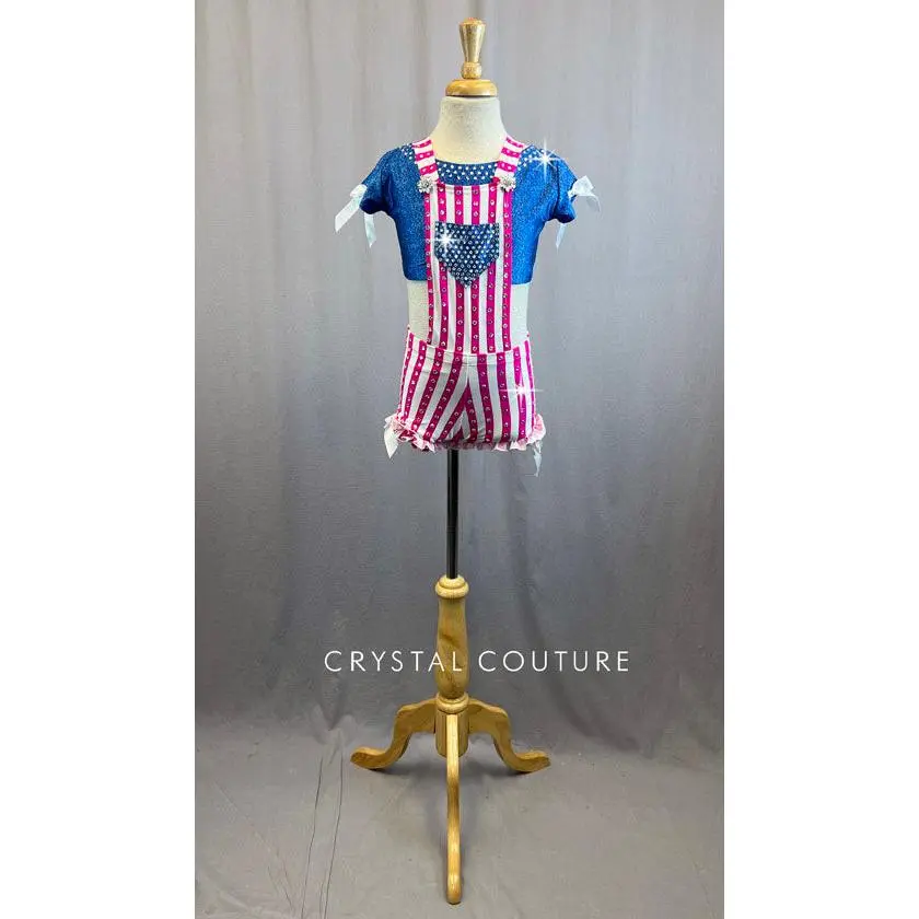 Hot Pink and White Striped Overalls With Denim Look Lycra Top With Rhinestones