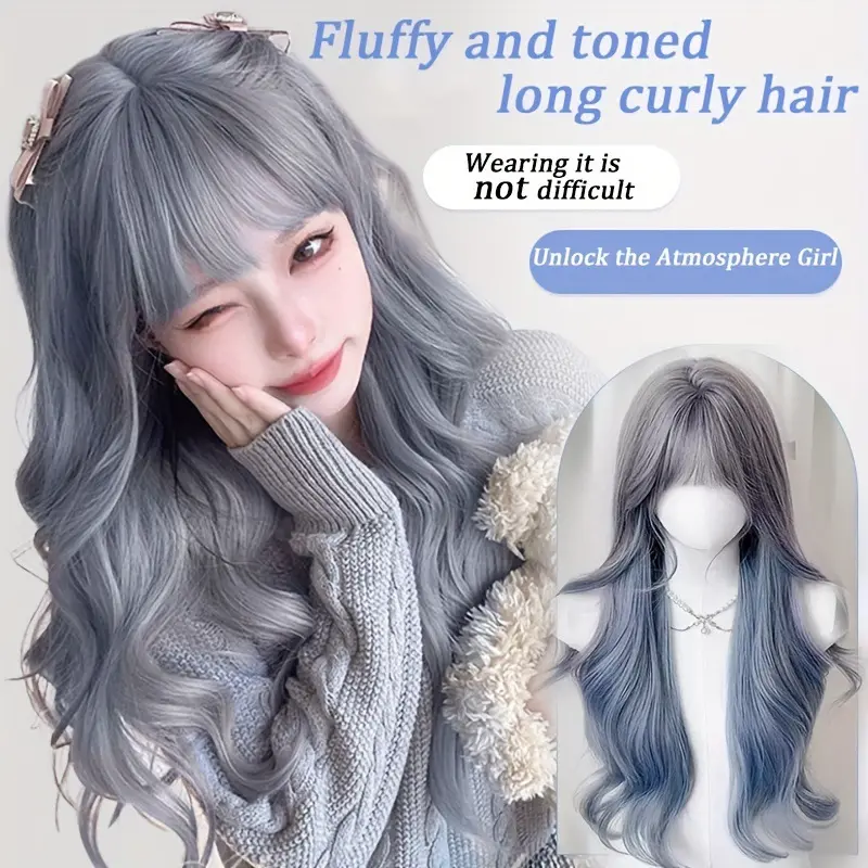 European and American Style Wig for Women Cosplay Haze Blue Gray Purple Gradient Long Curly Hair with Highlights and Bangs Full Wig