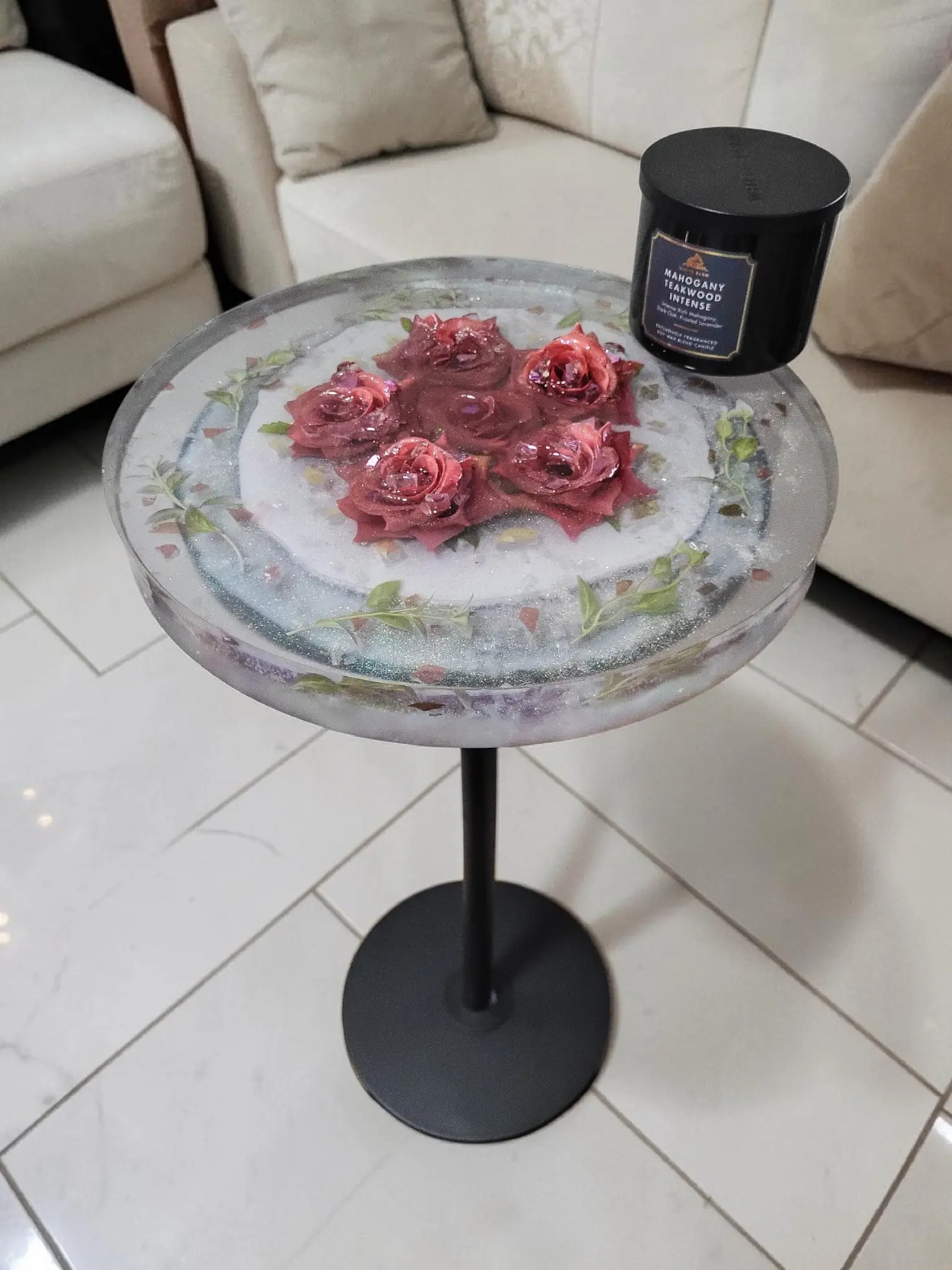 Pink Floral Roses Hand-designed Resin Artwork Table with Crystals: Accent Decor Table