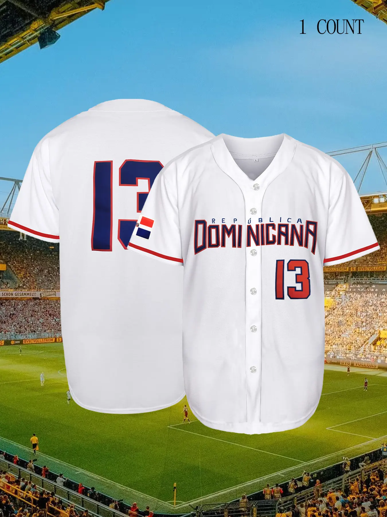 Men's Dominican #13 Embroidered Baseball Jersey, Breathable Short Sleeve Pullover, Sporty Fit, Unisex, All Seasons Wear, Stylish Jersey Shirt, Sportswear Clothing